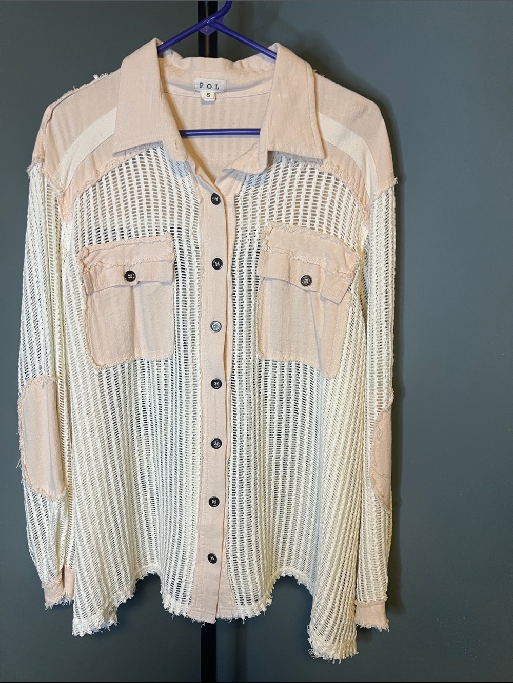 POL Open-Knit Button-Down Shirt in Cream and Blush